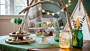 Magical dessert table setup with elegant sweets, featuring macarons, cake pops, and ambient lighting. Forest themed parties, baby photo