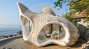 A magical dwelling crafted from seashells on the shore, blending seamlessly. AI Generative