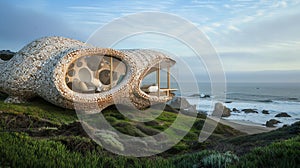 A magical dwelling crafted from seashells on the shore, blending seamlessly. AI Generative