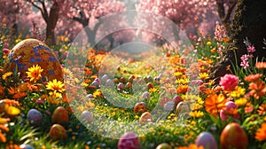 A magical Easter garden scene with vibrant flowers, blooming trees, and Easter eggs hidden among the foliage