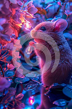 Magical Enchanted Forest Scene with Adorable Mouse Holding a Dewdrop under Mystical Glowing Plants