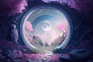 Magical enchanted landscape with portal to another world