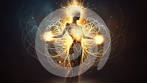 Magical energetic being of light with golden aura. Generative AI