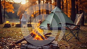 Magical Evening Campfire, Chairs and Tent in Enchanting Forest. created with Generative AI