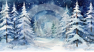 A magical evening forest on Christmas Eve. Winter landscape with fir trees and snowflakes.