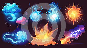 A magical explosion with a bomb boom game effect. Blue and orange fire blast with rising smoke, wizard weapons shot with