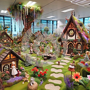 A magical fairy garden scene in a corporate office, with fairy photo