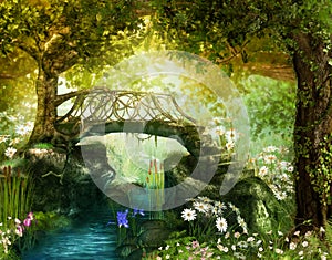 Magical fairy tale forest with an enchanting bridge over a brook