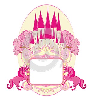 Magical fairy tale land - decorative card with a castle and and beautiful pink unicorns
