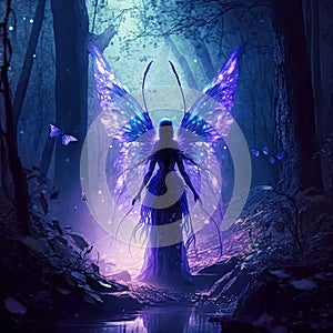 A magical fairy with wings in a dark misty forest with dramatic phantasmal iridescent lighting, ai generated