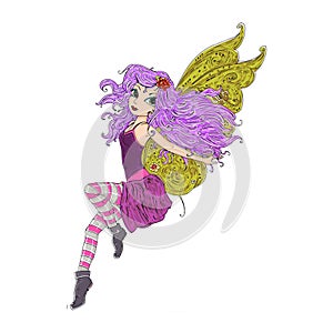 Magical fairy with wings and long hair Color illustration for books and fables