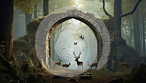 magical fairytale forest with ruins and deer