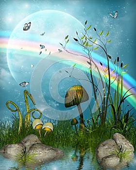 Magical fairytale landscape under a rainbow