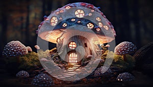 Magical fantasy elf or gnome mushroom house with window in enchanted fairy tale forest