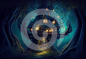 magical fantasy fairy tale scenery of tree house at night in a forest. Generate Ai.