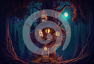 magical fantasy fairy tale scenery of tree house at night in a forest. Generate Ai.