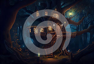 magical fantasy fairy tale scenery of tree house at night in a forest. Generate Ai.