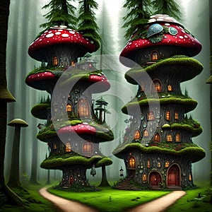 A magical fantasy house built in a large mushroom, in a forest, generated by AI.