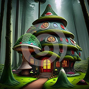 A magical fantasy house built in a large mushroom, in a forest, generated by AI.