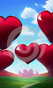 Magical fantasy landscape with red hearts