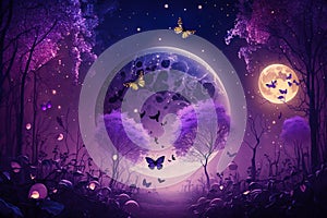 Magical fantasy romantic night background with full moon, glowing butterflies, shiney balloons. Fairytale Generative AI