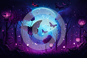 Magical fantasy romantic night background with full moon, glowing butterflies, shiney balloons. Fairytale Generative AI