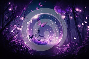 Magical fantasy romantic night background with full moon, glowing butterflies, shiney balloons. Fairytale Generative AI