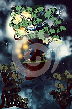 Magical floating tree inhabited by elves, fauns, leprechaun and other fantastic creatures.
