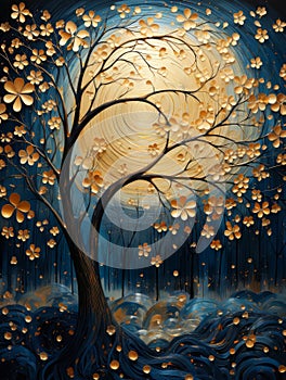 Magical floral tree at night with moon shinning