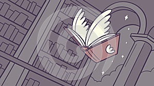 Magical Flying Book in Library, Imagination and Learning Vector