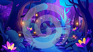 A magical forest cartoon game landscape modern illustration. Background of a fairy tale fantasy nature scene with a path
