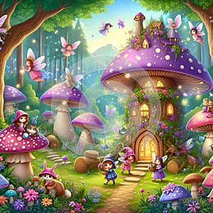 A magical forest with cute fairies and magical animals, big  mushtooms houses, magic lights, flowers, cartoon, fairytale, kids