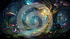 A magical forest with 'Enchanted Birthday'