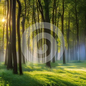 A magical forest glade with sunlight filtering through the trees2, Generative AI