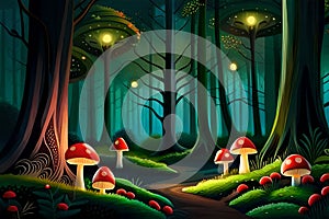 Magical forest with glowing toadstools and fireflies. Generative AI