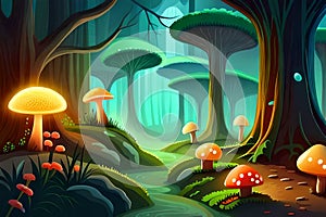 Magical forest with glowing toadstools and fireflies. Generative AI