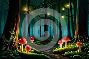 Magical forest with glowing toadstools and fireflies. Generative AI