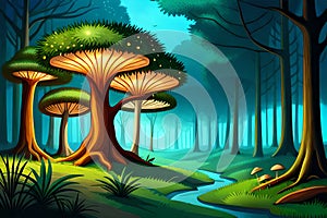 Magical forest with glowing toadstools and fireflies. Generative AI