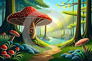 Magical forest with glowing toadstools and fireflies. Generative AI