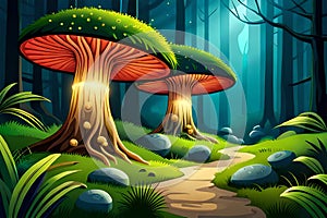 Magical forest with glowing toadstools and fireflies. Generative AI