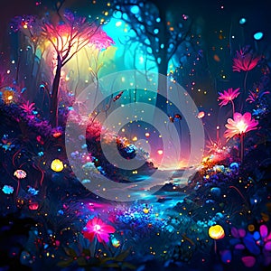 Magical forest with magic light and flowers. 3D illustration. Generative AI