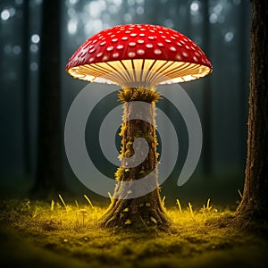 In a magical forest, a mushroom glows under the spell. Generative AI