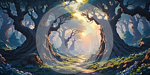 Magical Forest Path Framed By Twisted Ancient Trees And Warm Light