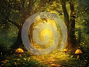 A magical forest path with glowing fireflies and mushrooms