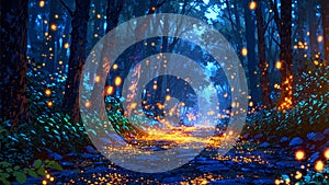 Magical forest path glows with tiny, warm lights. The path winds through lush green foliage and tall trees