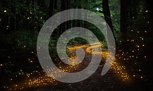 Magical forest path illuminated by glowing fireflies Creating using generative AI