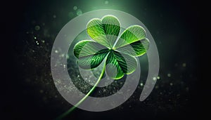 Magical Four Leaf Clover Shining in Darkness with Copy-Space