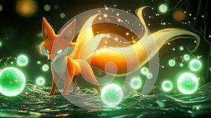 Magical Fox with Glowing Orbs in Enchanted Forest Setting