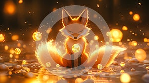 Magical Fox Surrounded by Glowing Orbs in Enchanted Forest Setting