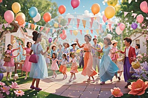 Magical garden party, with AI-created characters representing different generations of mothers and children photo